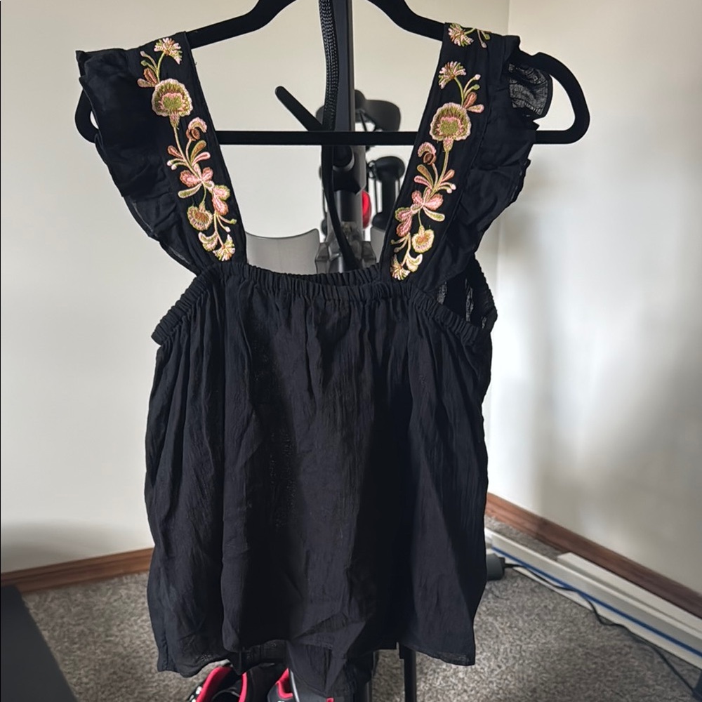 Madewell Black Tank Top with Floral Embroidered Straps - Picture 2 of 3
